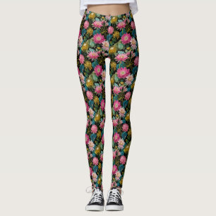 Lush Tropical Leaves Pink Exotic Flowers Botanical Leggings