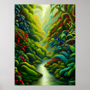 Lush Tropical Rainforest with Flowers and Stream Poster
