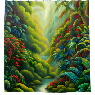 Lush Tropical Rainforest with Flowers and Stream Shower Curtain