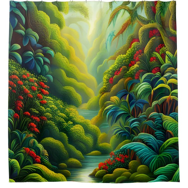 Lush Tropical Rainforest with Flowers and Stream Shower Curtain (Front)