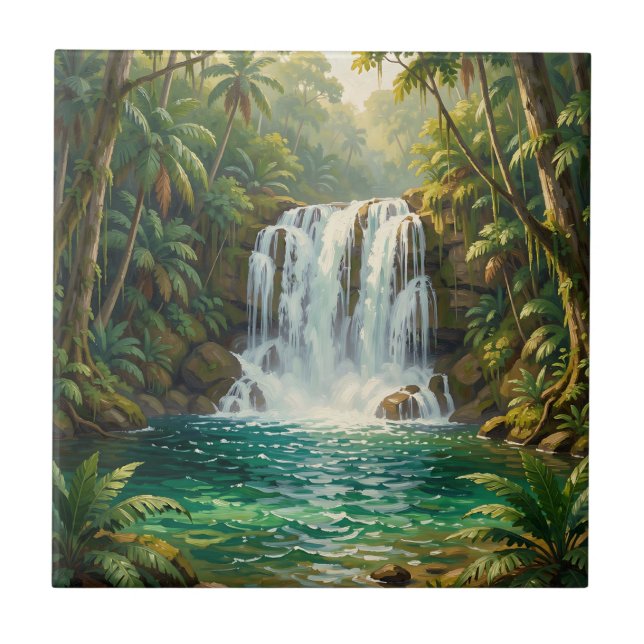 Lush Tropical Waterfall Oasis Ceramic Tile (Front)
