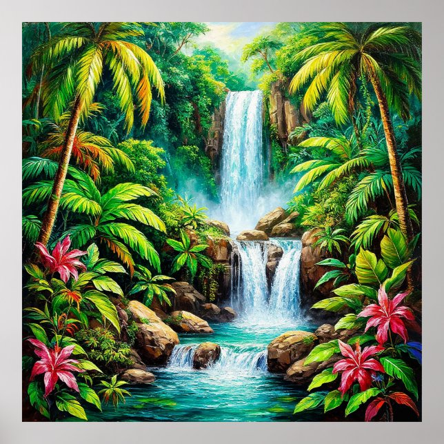 Lush Tropical Waterfall Poster (Front)