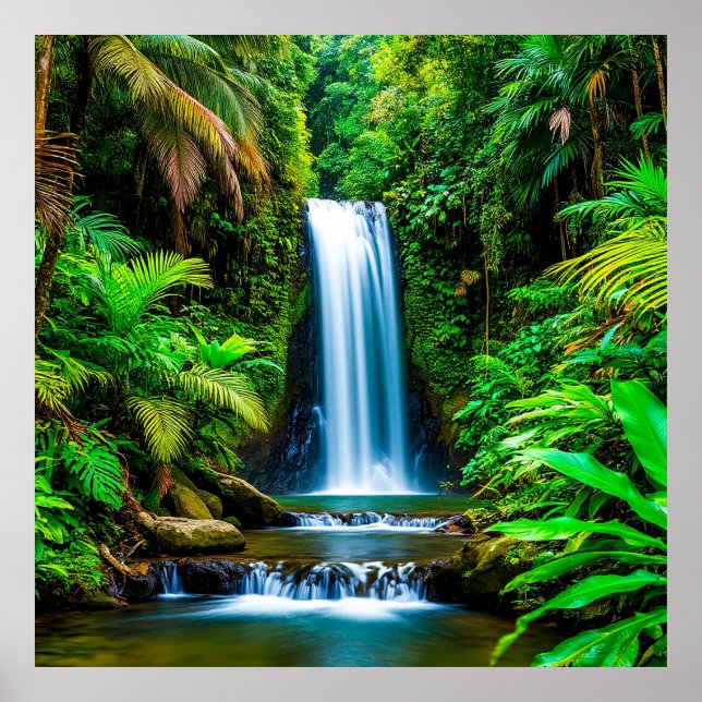 Lush Tropical Waterfall Surrounded by Greenery Poster (Front)