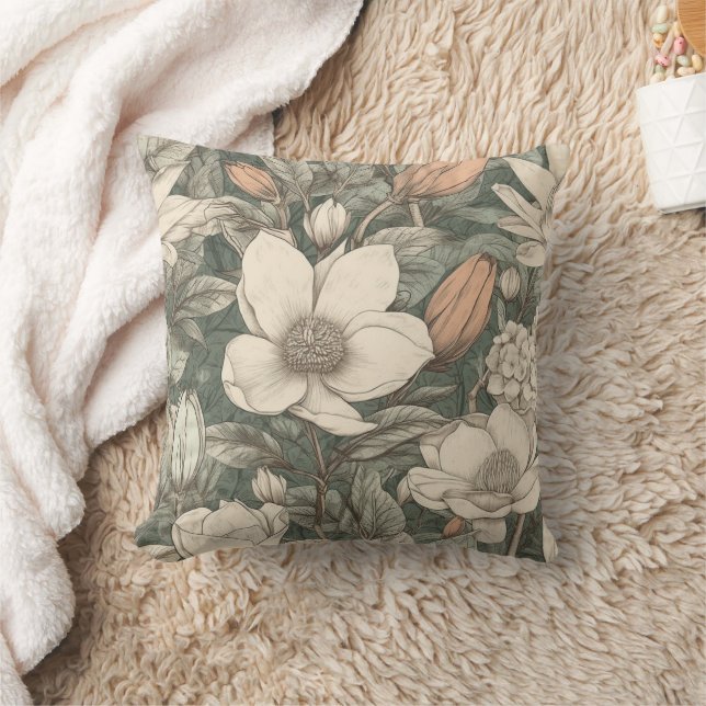 Lush Vintage Magnolia Floral Botanical Cushion (Blanket)