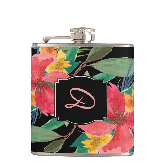 Lush Watercolor Floral Monogram Hip Flask (Front)
