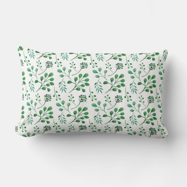 Lush Watercolor Greenery Pattern Lumbar Cushion (Front)