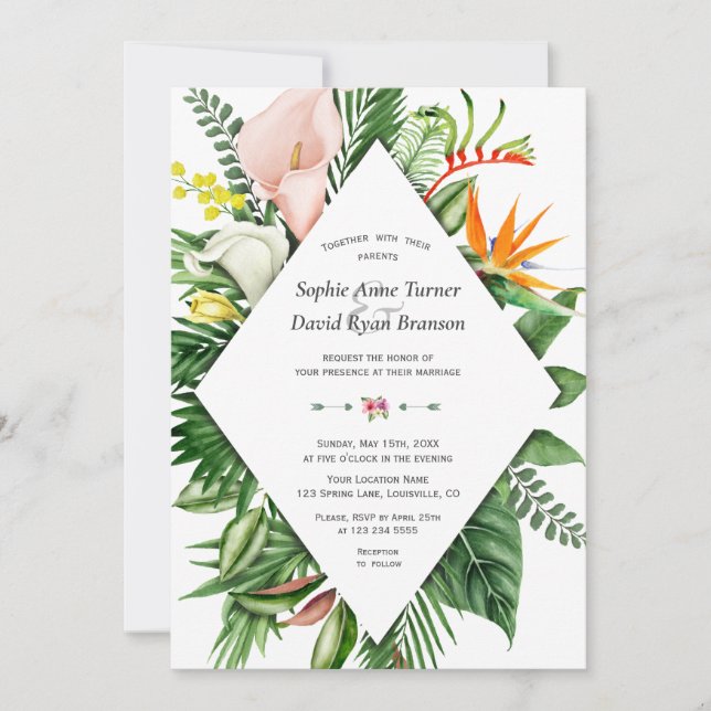 Lush Watercolor Tropical Flowers Leaves Wedding Invitation (Front)