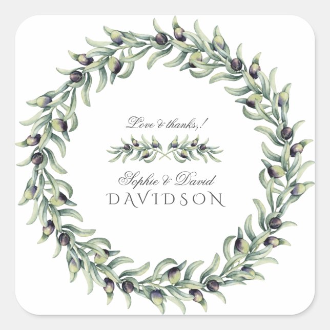 Lush Watercolour Olive Branches Wreath Wedding Square Sticker (Front)