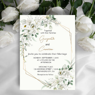 Lush White Flowers and Geometric Gold Invitation