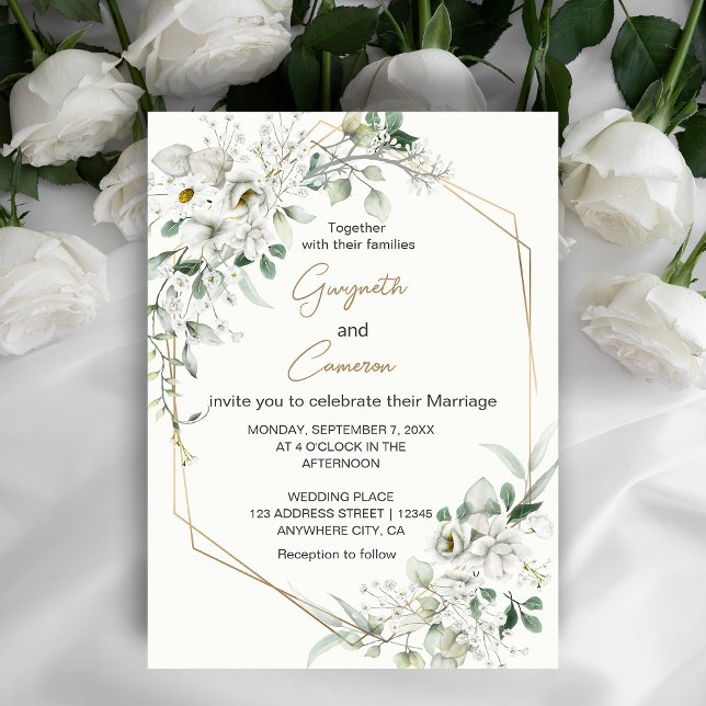 Lush White Flowers and Geometric Gold Invitation (An elegant invitation that combines the simplicity of white flowers with the allure of geometric. )
