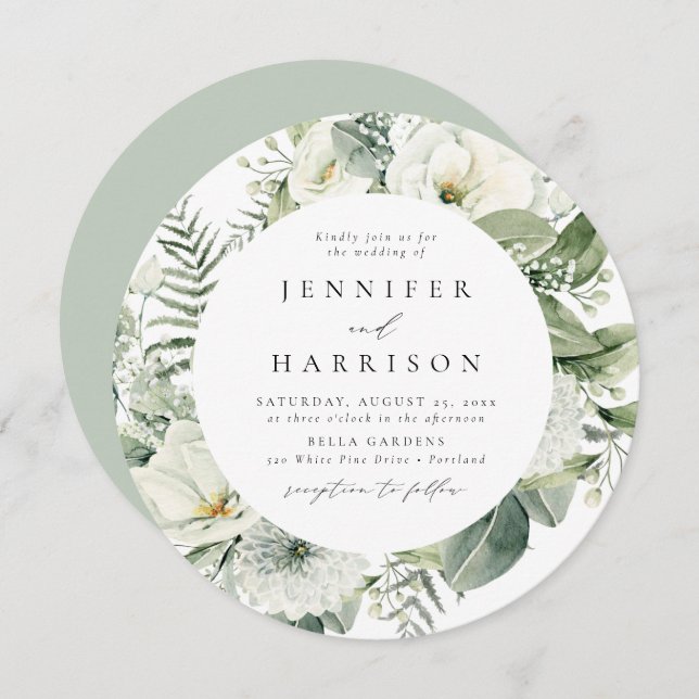 Lush White Flowers and Greenery Circle Wedding Invitation (Front/Back)