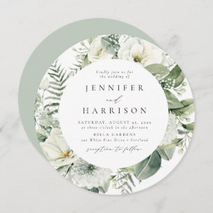 Lush White Flowers and Greenery Circle Wedding Invitation
