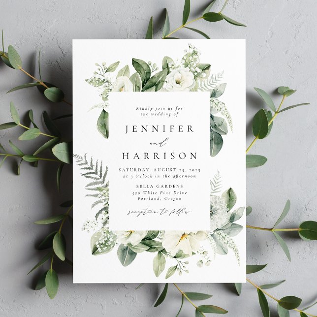 Lush White Flowers and Greenery Frame Invitation (Creator Uploaded)