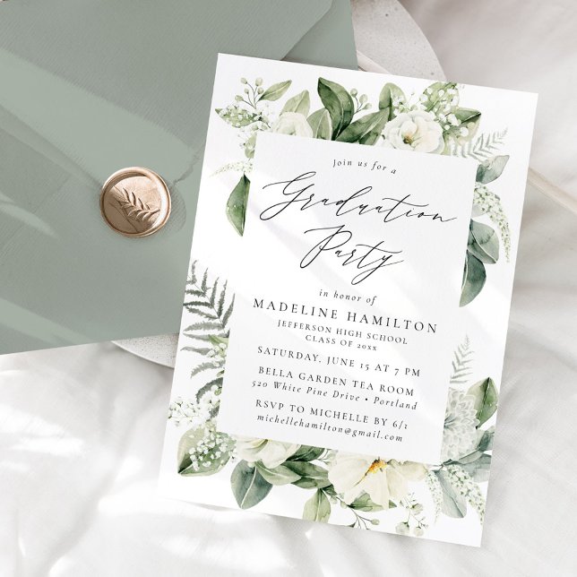 Lush White Flowers and Greenery Graduation Party Invitation (Creator Uploaded)