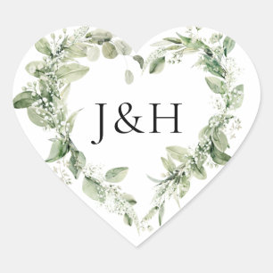 Lush White Flowers and Greenery Monogram Wedding Heart Sticker