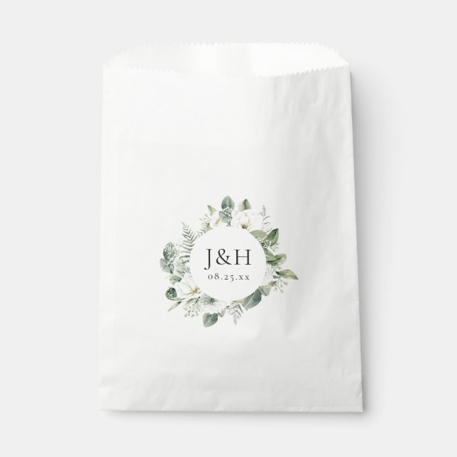 Lush White Flowers and Greenery Wedding Monogram Favour Bag (Front)
