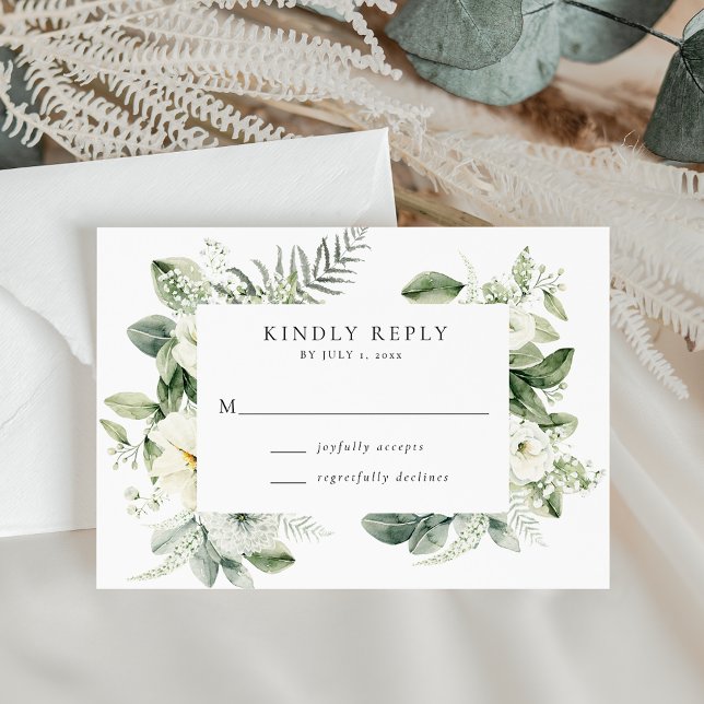 Lush White Flowers and Greenery Wedding RSVP Card (Creator Uploaded)
