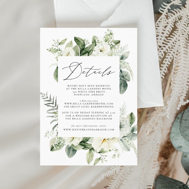 Lush White Flowers & Greenery Guest Information Enclosure Card (Creator Uploaded)
