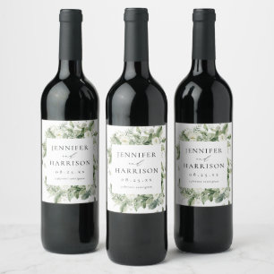 Lush White Flowers & Greenery Personalized Wedding Wine Label