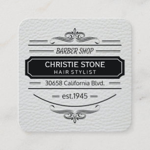 Lush White Leather Print Retro Label Barber Square Business Card