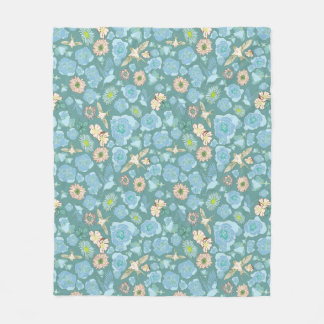 Lush Winter Floral and Birds Blue, Teal and Cream Fleece Blanket