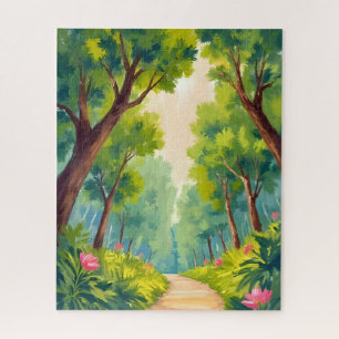 Lush Wood Stroll   Green Nature Watercolor Jigsaw Puzzle