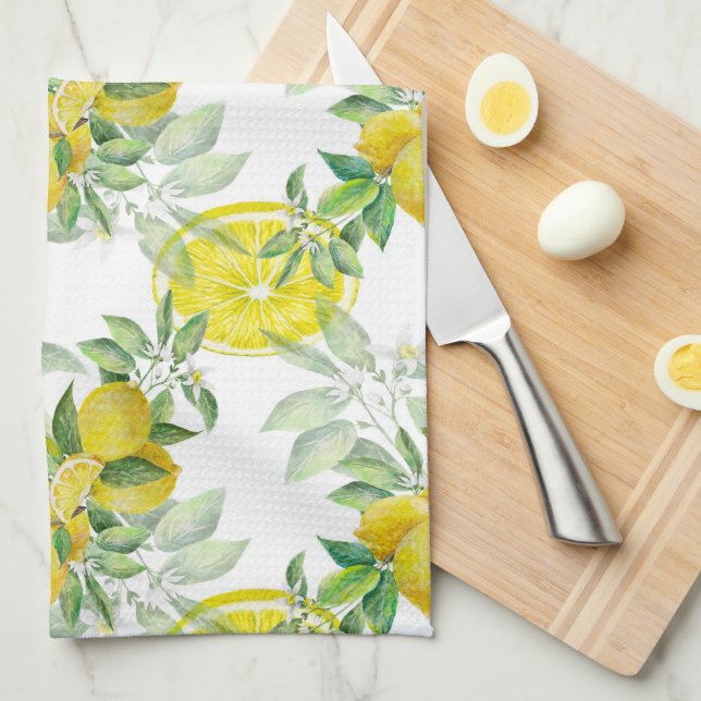 Lush Yellow Lemon and Green Leaves Pattern Tea Towel (Quarter Fold)
