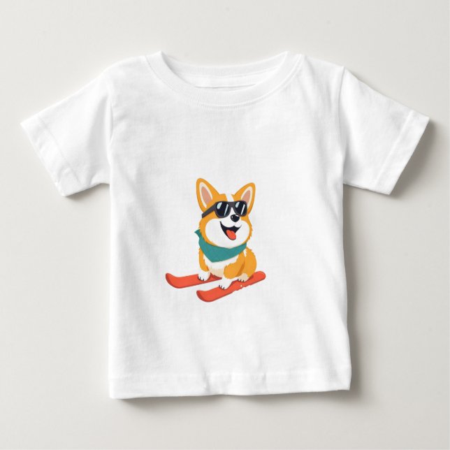 Lustiger Corgi on skis Baby T-Shirt (Front)