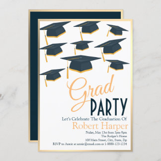 Lustrous Navy & Gold  Hats Graduation Invitation