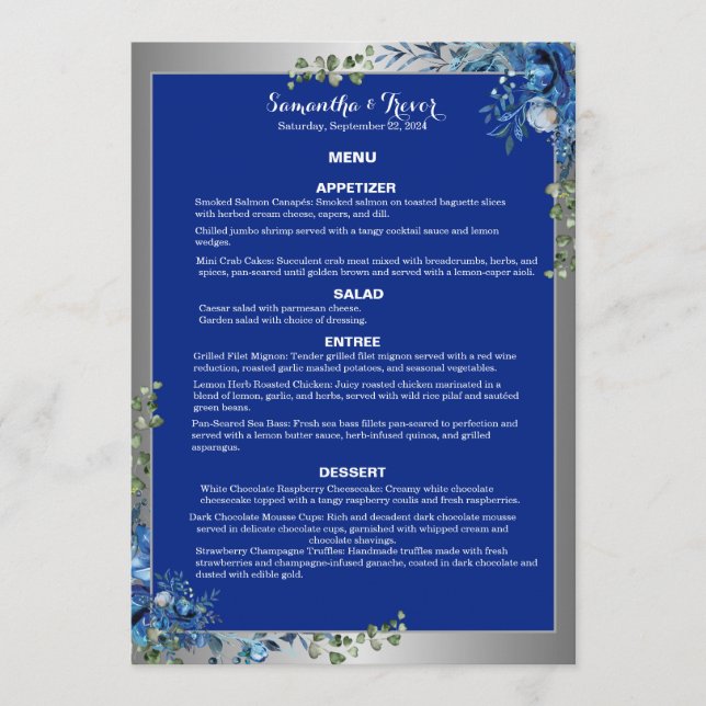 Lustrous Silver, Blue Azure Dreams Dinner Menu (Front)