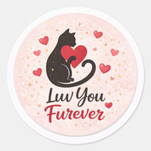 Luv You Furever Cat Sticker – Pink with Red Hearts