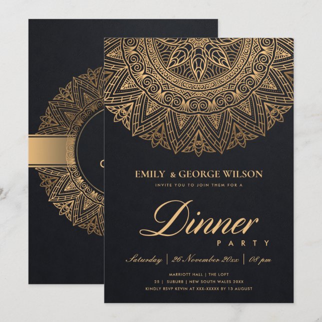 LUX BLACK GOLD CLASSIC ORNATE MANDALA DINNER PARTY INVITATION (Front/Back)