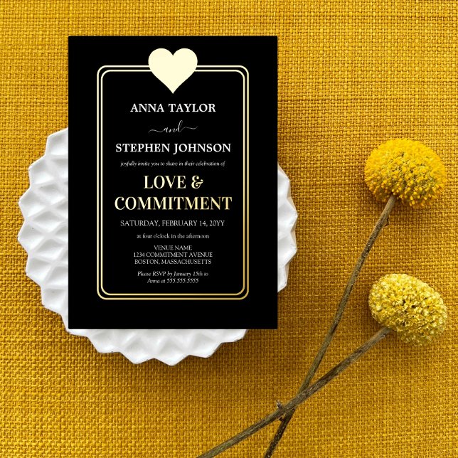 Lux Black Gold Heart Love & Commitment Ceremony (Luxurious gold foil on black commitment ceremony invitation.)