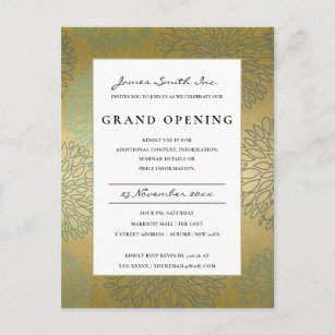 LUX BLUE GOLD DAHLIA FLORAL GRAND OPENING INVITE POSTCARD