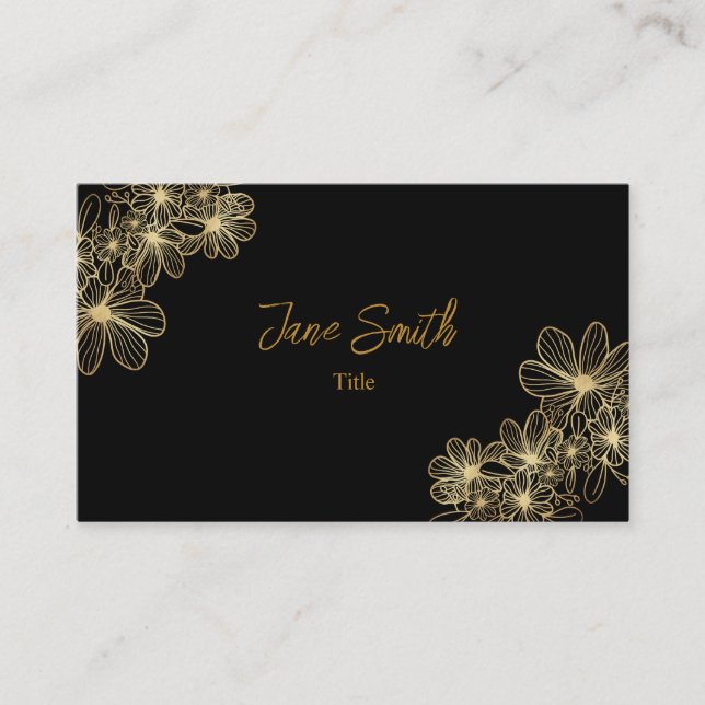 Lux Elegant Gold Flower| Black Business Card (Front)