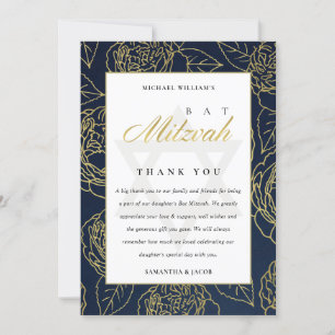LUX ELEGANT NAVY GOLD ROSE FLORAL BAT BAR MITZVAH THANK YOU CARD