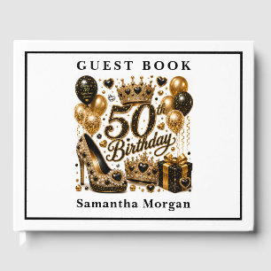 Lux Gold Black Glitter Fifty And Fabulous Birthday Guest Book