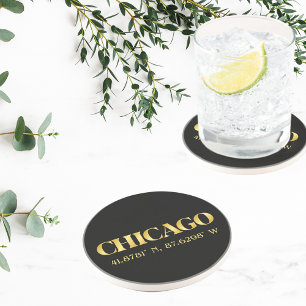 Lux Gold Chicago Latitude & Longitude  Coaster