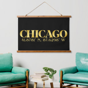 Lux Gold Chicago Latitude & Longitude  Hanging Tapestry