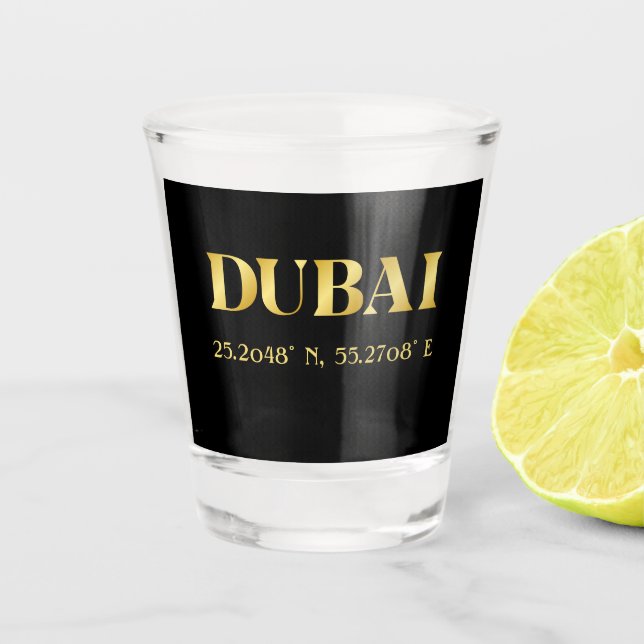 Lux Gold Dubai Latitude & Longitude Shot Glass (Front)