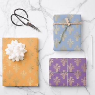 Lux Gold Fleur de Lis Fashion Colour Trio Wrapping Paper Sheet