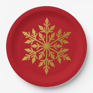 Lux Gold Foil Snowflake Solid Red Christmas Party Paper Plate