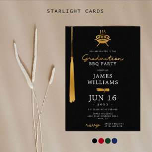 Lux Gold Foil Tassel Graduation BBQ Party Black Invitation