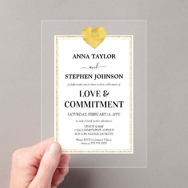 Lux Gold Heart Love & Commitment Ceremony Acrylic Invitations (Insitu (Handheld))