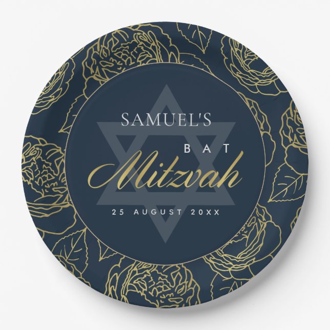 LUX GOLD NAVY BLUE ROSE FLORAL BAR BAT MITZVAH PAPER PLATE (Front)