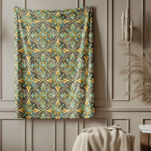 Lux Green and Gold Mediterranean tiles floral Fleece Blanket