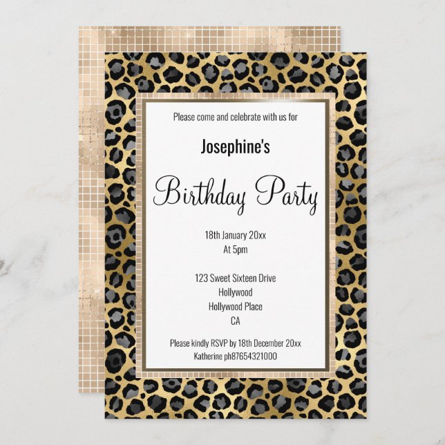  LUX LEOPARD CHAMPAGNE BIRTHDAY INVITATION (Front/Back)