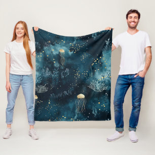 Lux Ocean Jellyfish & Coral Gold Pattern (1) Fleece Blanket