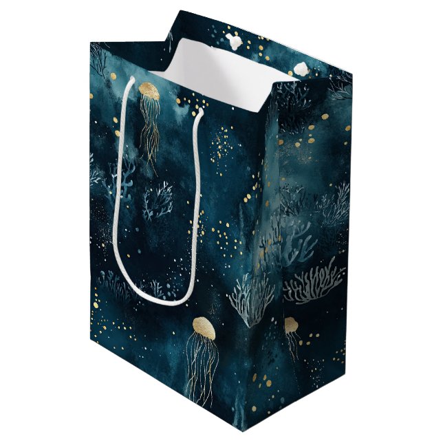 Lux Ocean Jellyfish & Coral Gold Pattern (1) Medium Gift Bag (Front Angled)