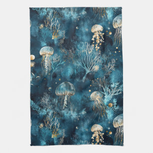 Lux Ocean Jellyfish & Coral Gold Pattern (2) Tea Towel